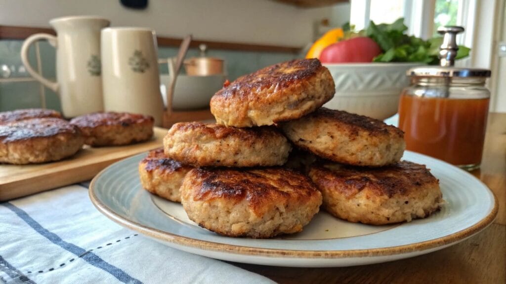 A close-up of golden-brown pan-fried sausage patties served on a white plate, with additional sides like cornbread and dipping sauce visible in the background.