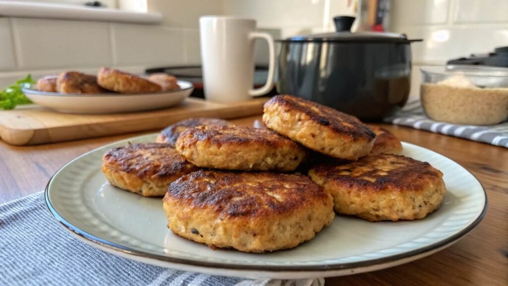 A close-up of golden-brown pan-fried sausage patties served on a white plate, with additional sides like cornbread and dipping sauce visible in the background.