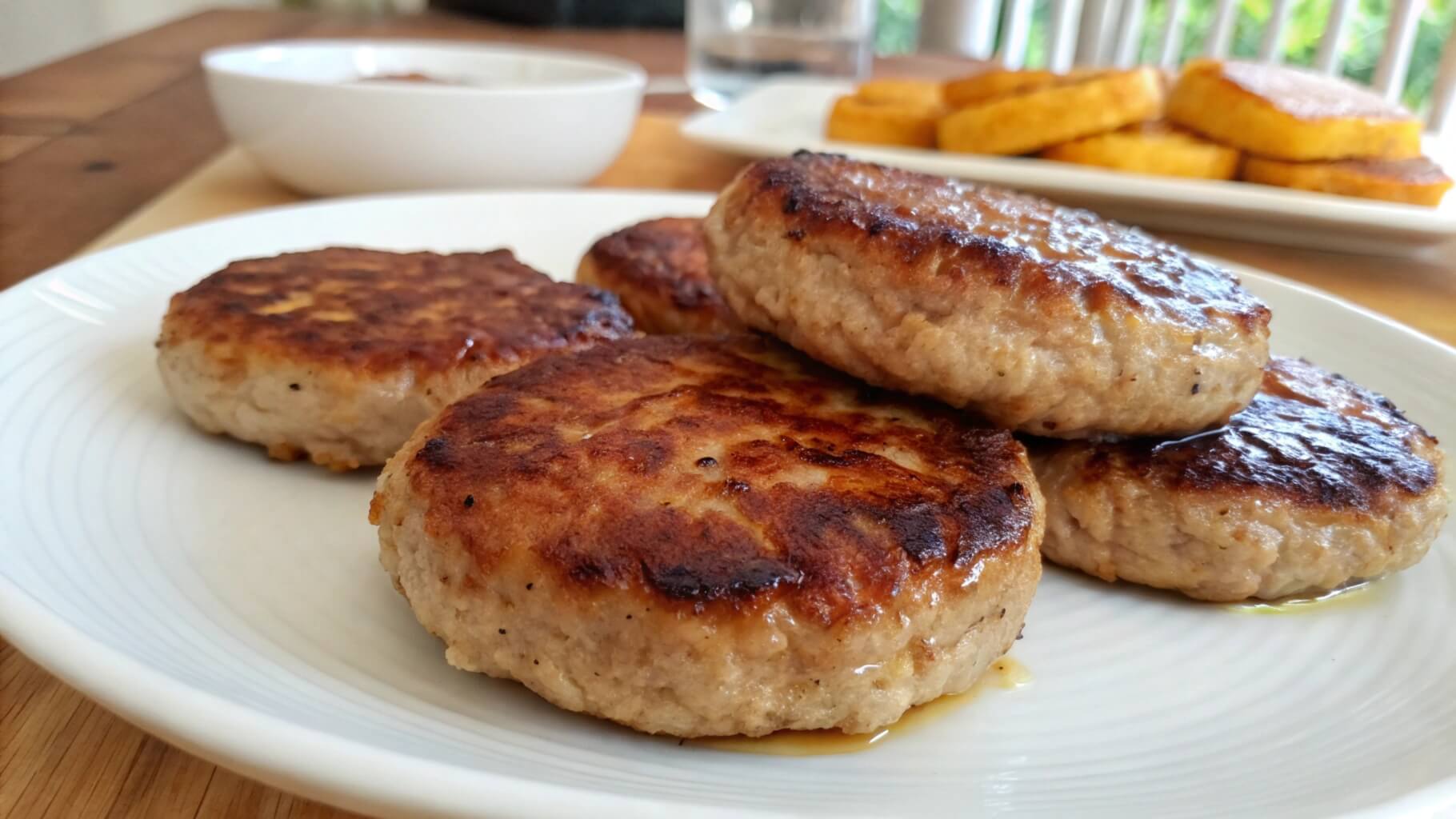 A close-up of golden-brown pan-fried sausage patties served on a white plate, with additional sides like cornbread and dipping sauce visible in the background.