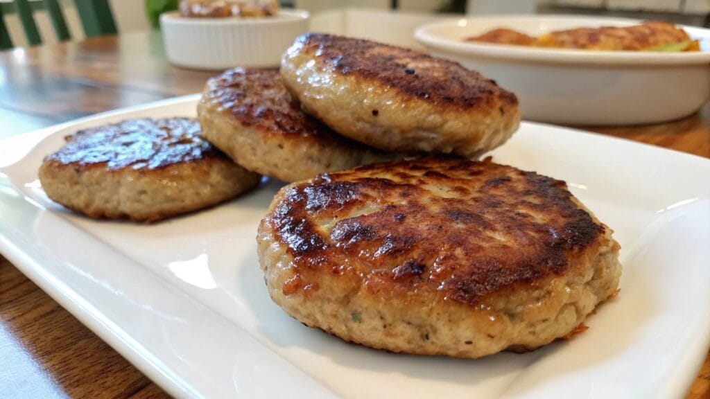 A close-up of golden-brown pan-fried sausage patties served on a white plate, with additional sides like cornbread and dipping sauce visible in the background.