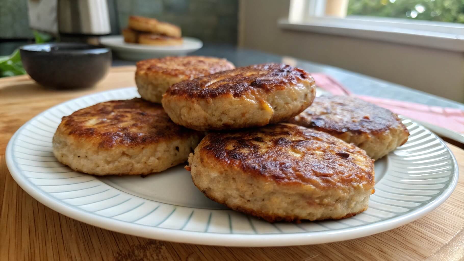 A close-up of golden-brown pan-fried sausage patties served on a white plate, with additional sides like cornbread and dipping sauce visible in the background.