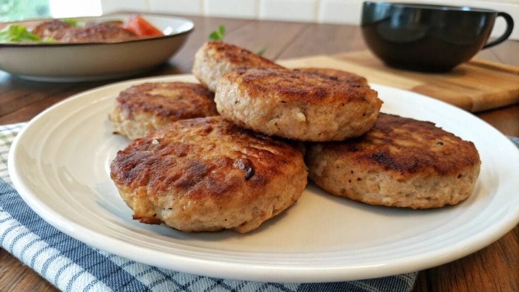 A close-up of golden-brown pan-fried sausage patties served on a white plate, with additional sides like cornbread and dipping sauce visible in the background.