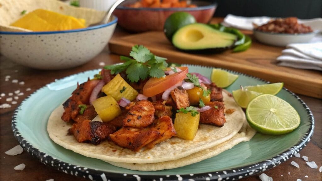 A close-up of a taco al pastor served on a light green plate, topped with marinated grilled pork, pineapple chunks, red onions, fresh cilantro, and lime wedges on the side.