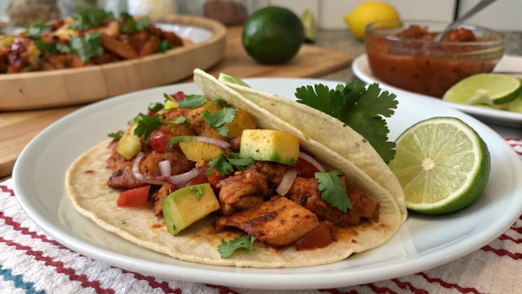 A close-up of a taco al pastor served on a light green plate, topped with marinated grilled pork, pineapple chunks, red onions, fresh cilantro, and lime wedges on the side.
