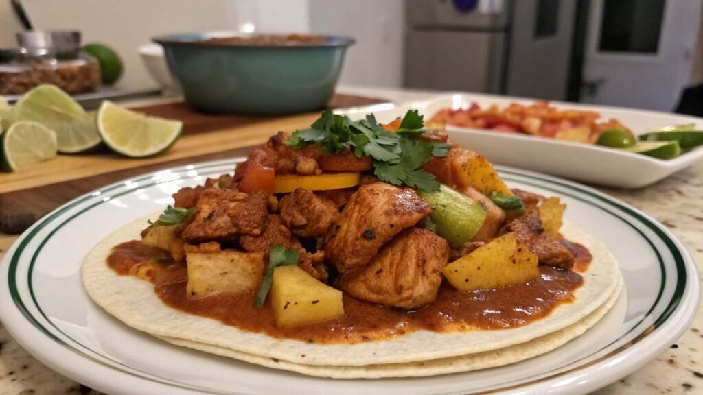 A close-up of a taco al pastor served on a light green plate, topped with marinated grilled pork, pineapple chunks, red onions, fresh cilantro, and lime wedges on the side.