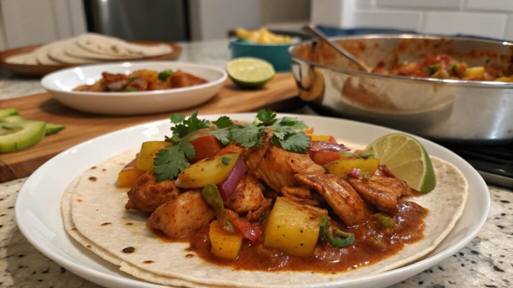 A close-up of a taco al pastor served on a light green plate, topped with marinated grilled pork, pineapple chunks, red onions, fresh cilantro, and lime wedges on the side.