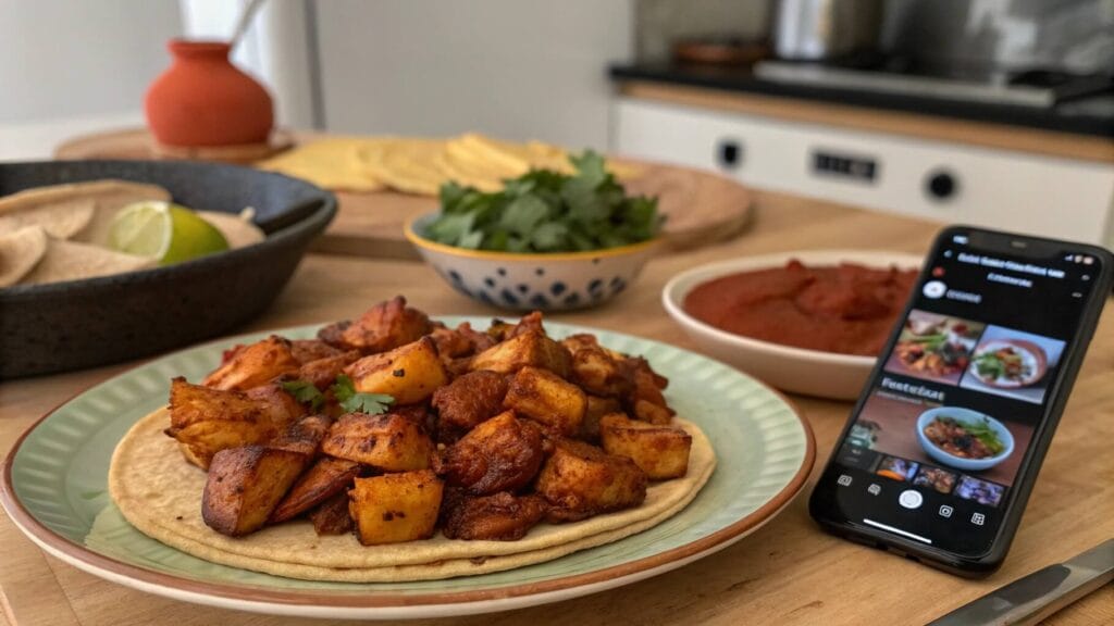 A close-up of a taco al pastor served on a light green plate, topped with marinated grilled pork, pineapple chunks, red onions, fresh cilantro, and lime wedges on the side.