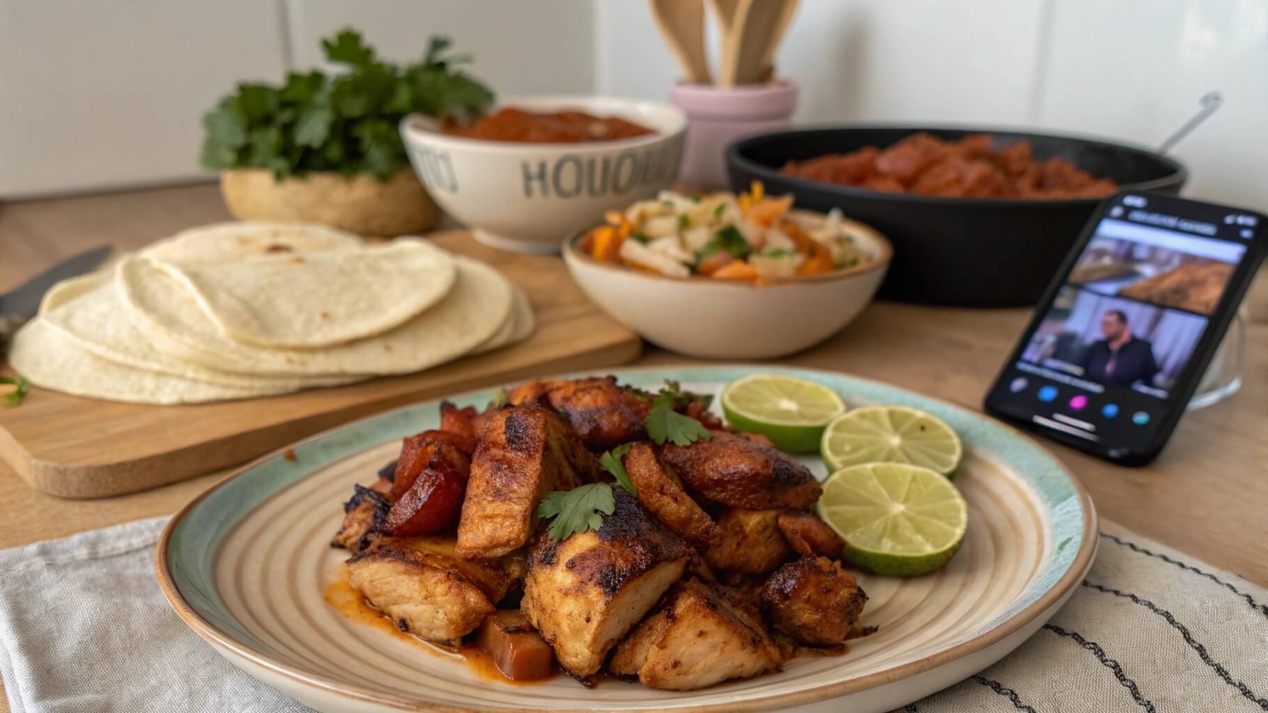 A close-up of a taco al pastor served on a light green plate, topped with marinated grilled pork, pineapple chunks, red onions, fresh cilantro, and lime wedges on the side.