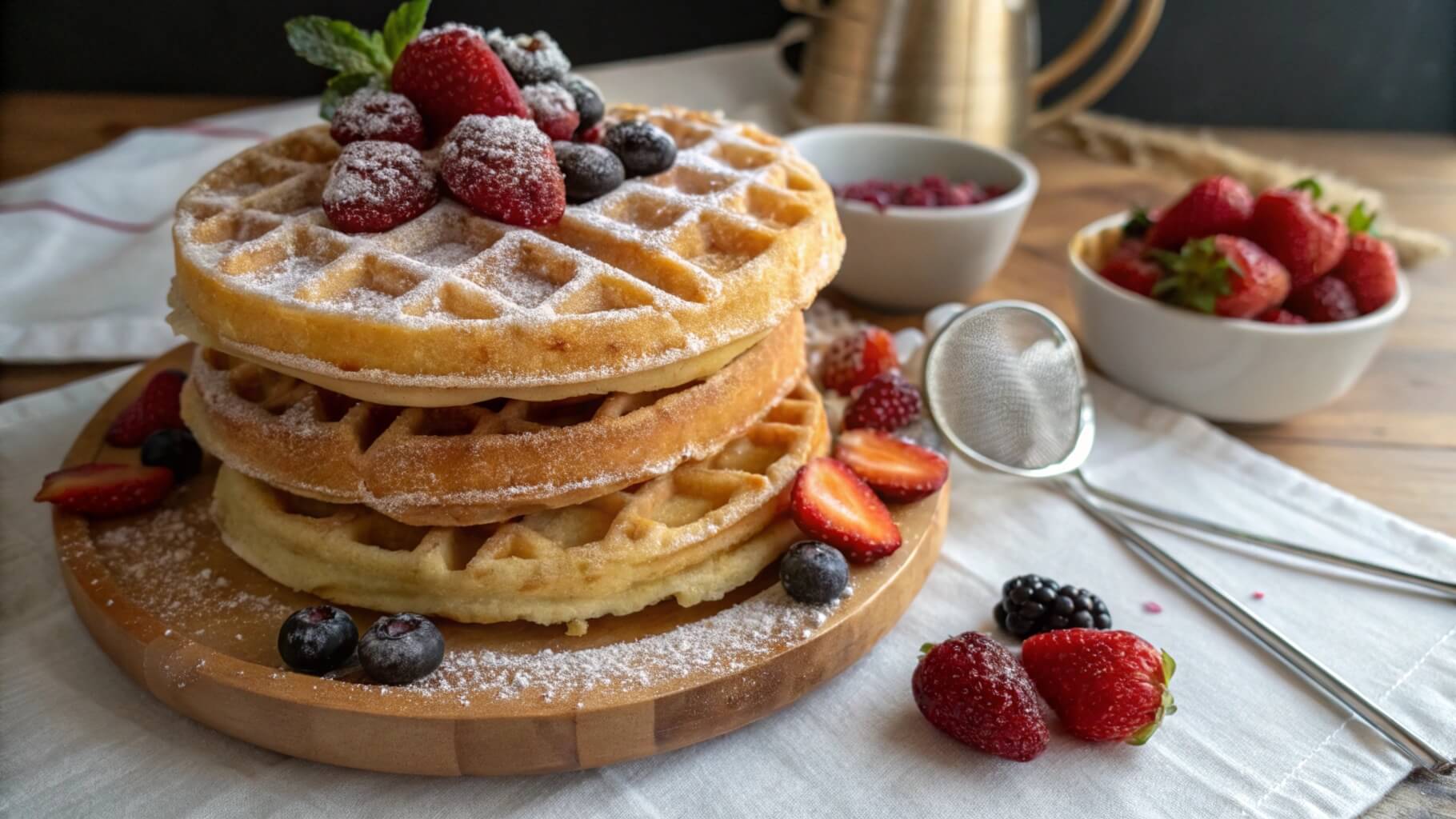 A stack of three golden brown, round waffles dusted with powdered sugar, placed on a wooden plate. A white ceramic jug and additional waffles on a cooling rack are visible in the background.