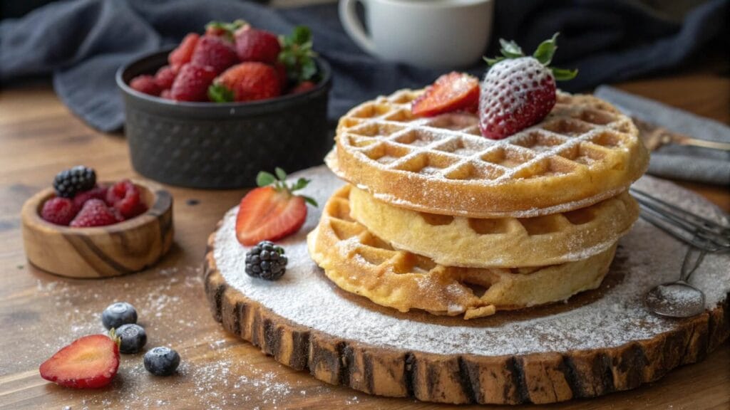 A stack of three golden brown, round waffles dusted with powdered sugar, placed on a wooden plate. A white ceramic jug and additional waffles on a cooling rack are visible in the background.