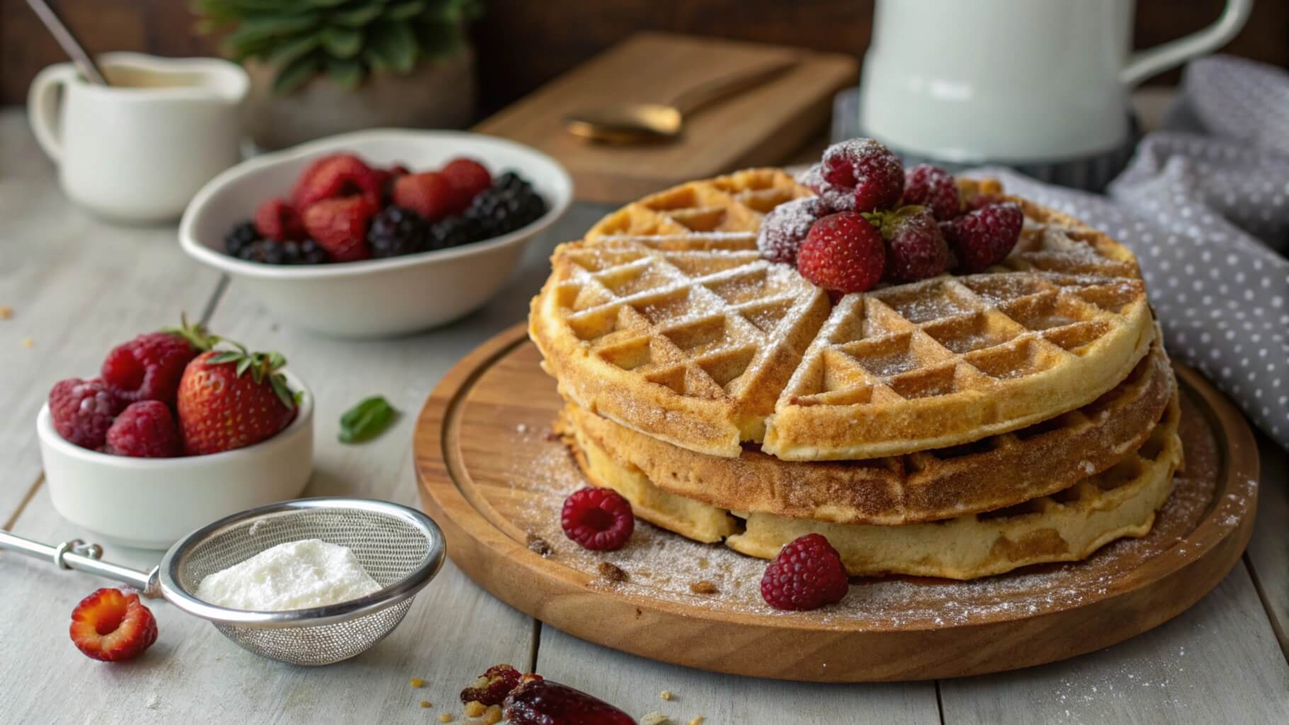 A stack of three golden brown, round waffles dusted with powdered sugar, placed on a wooden plate. A white ceramic jug and additional waffles on a cooling rack are visible in the background.