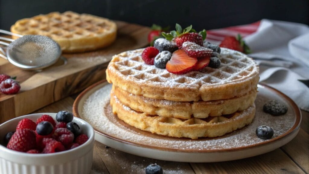 A stack of three golden brown, round waffles dusted with powdered sugar, placed on a wooden plate. A white ceramic jug and additional waffles on a cooling rack are visible in the background.