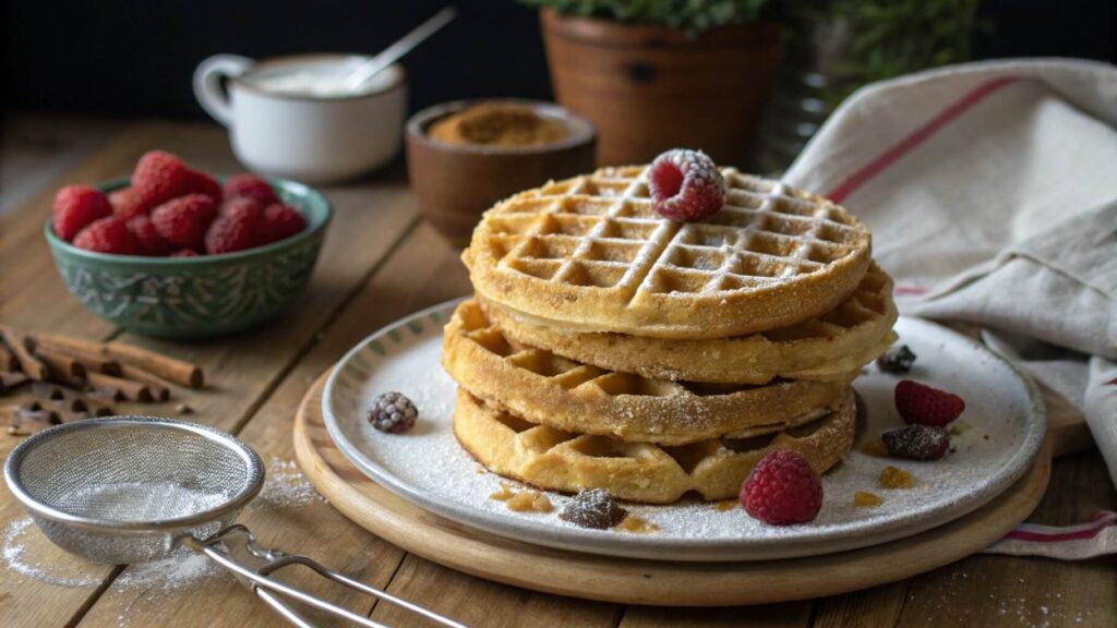 A stack of three golden brown, round waffles dusted with powdered sugar, placed on a wooden plate. A white ceramic jug and additional waffles on a cooling rack are visible in the background.