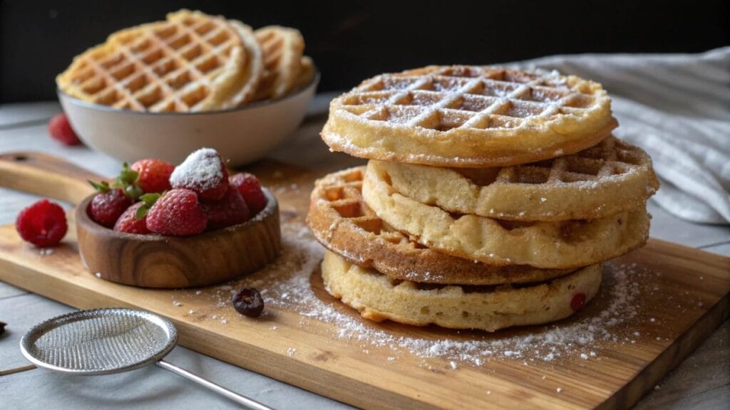 A stack of three golden brown, round waffles dusted with powdered sugar, placed on a wooden plate. A white ceramic jug and additional waffles on a cooling rack are visible in the background.