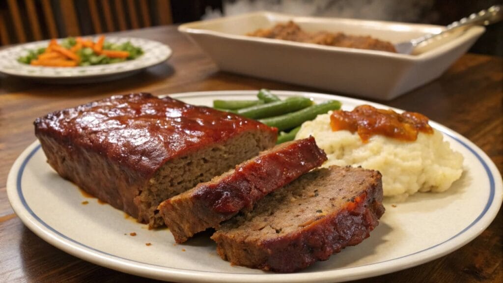 A close-up of a sliced meatloaf topped with a glossy red glaze and garnished with fresh parsley, served on a white plate. In the background, a blue dish with additional slices is visible on a wooden table.