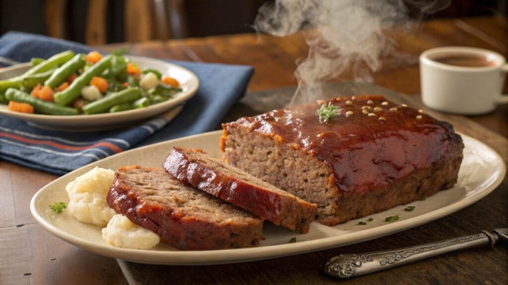 A close-up of a sliced meatloaf topped with a glossy red glaze and garnished with fresh parsley, served on a white plate. In the background, a blue dish with additional slices is visible on a wooden table.