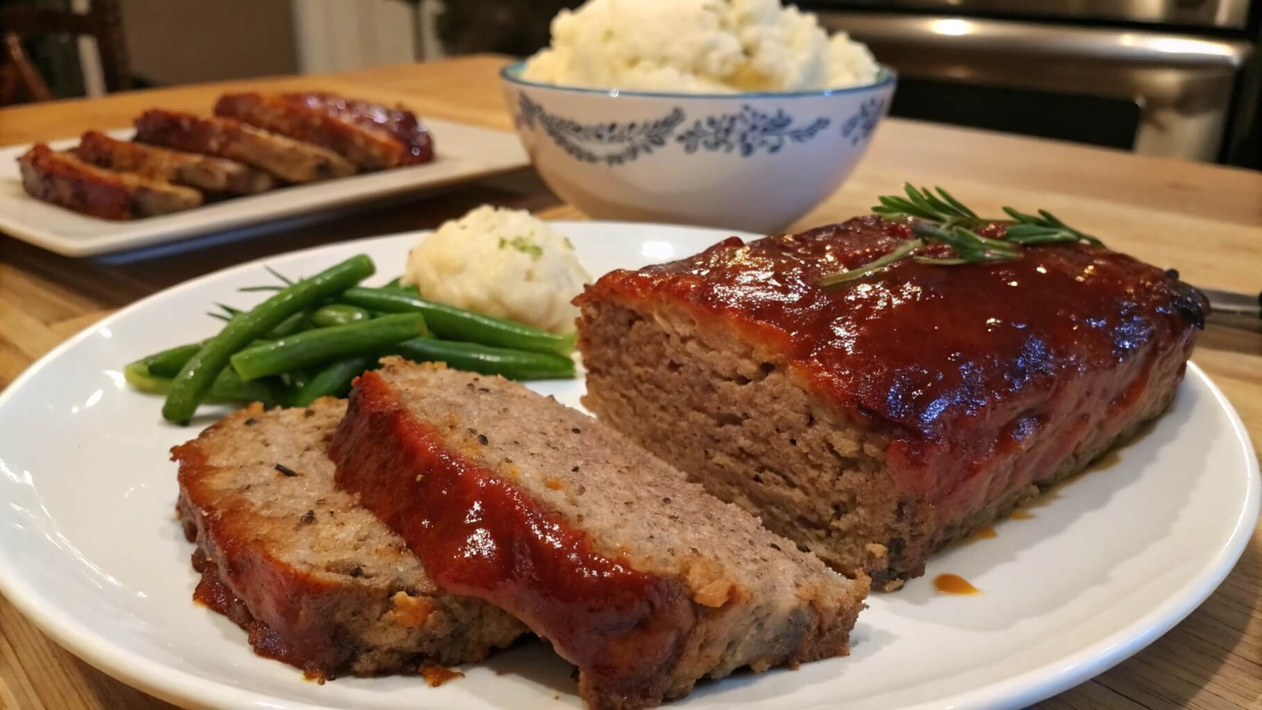 A close-up of a sliced meatloaf topped with a glossy red glaze and garnished with fresh parsley, served on a white plate. In the background, a blue dish with additional slices is visible on a wooden table.