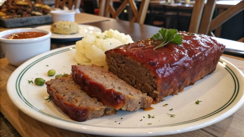 A close-up of a sliced meatloaf topped with a glossy red glaze and garnished with fresh parsley, served on a white plate. In the background, a blue dish with additional slices is visible on a wooden table.