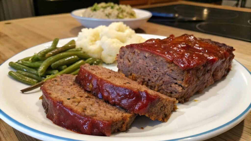 A close-up of a sliced meatloaf topped with a glossy red glaze and garnished with fresh parsley, served on a white plate. In the background, a blue dish with additional slices is visible on a wooden table.