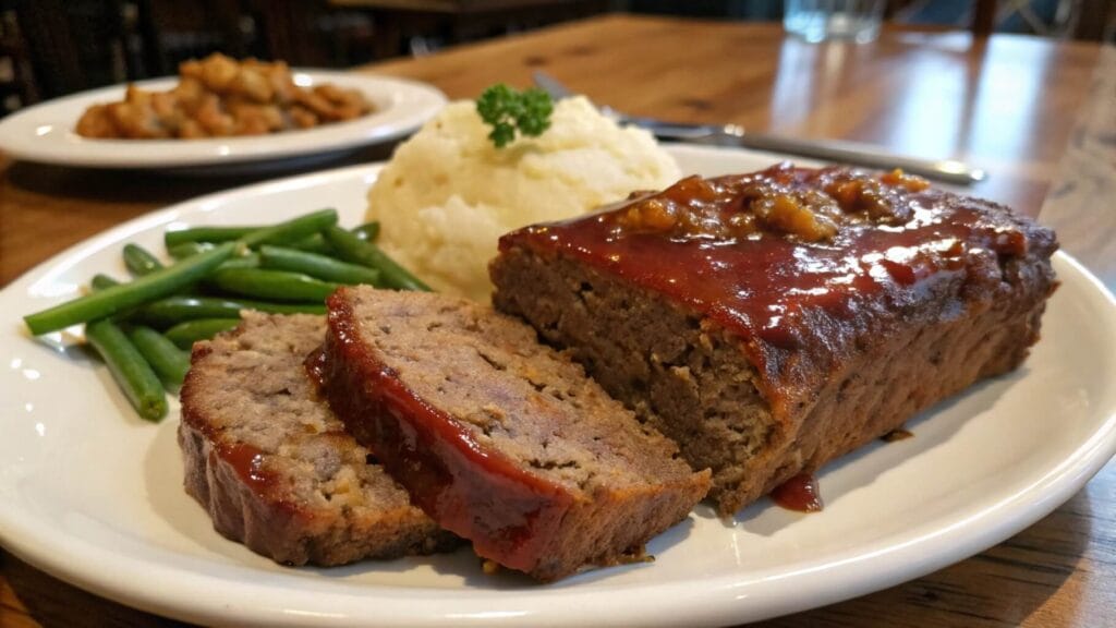 A close-up of a sliced meatloaf topped with a glossy red glaze and garnished with fresh parsley, served on a white plate. In the background, a blue dish with additional slices is visible on a wooden table.