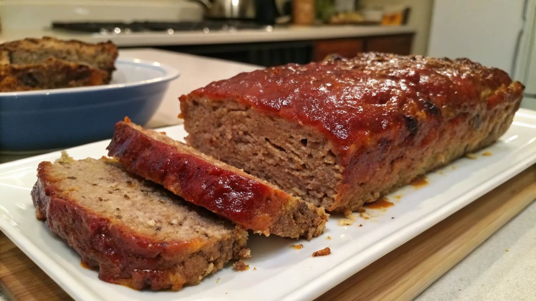 A close-up of a sliced meatloaf topped with a glossy red glaze and garnished with fresh parsley, served on a white plate. In the background, a blue dish with additional slices is visible on a wooden table.