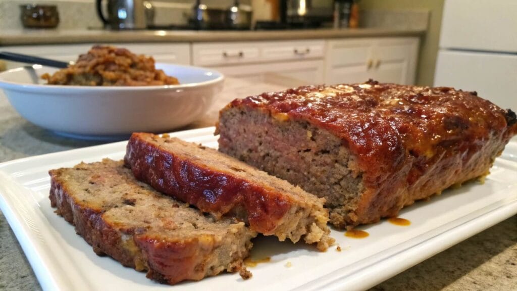 A close-up of a sliced meatloaf topped with a glossy red glaze and garnished with fresh parsley, served on a white plate. In the background, a blue dish with additional slices is visible on a wooden table.