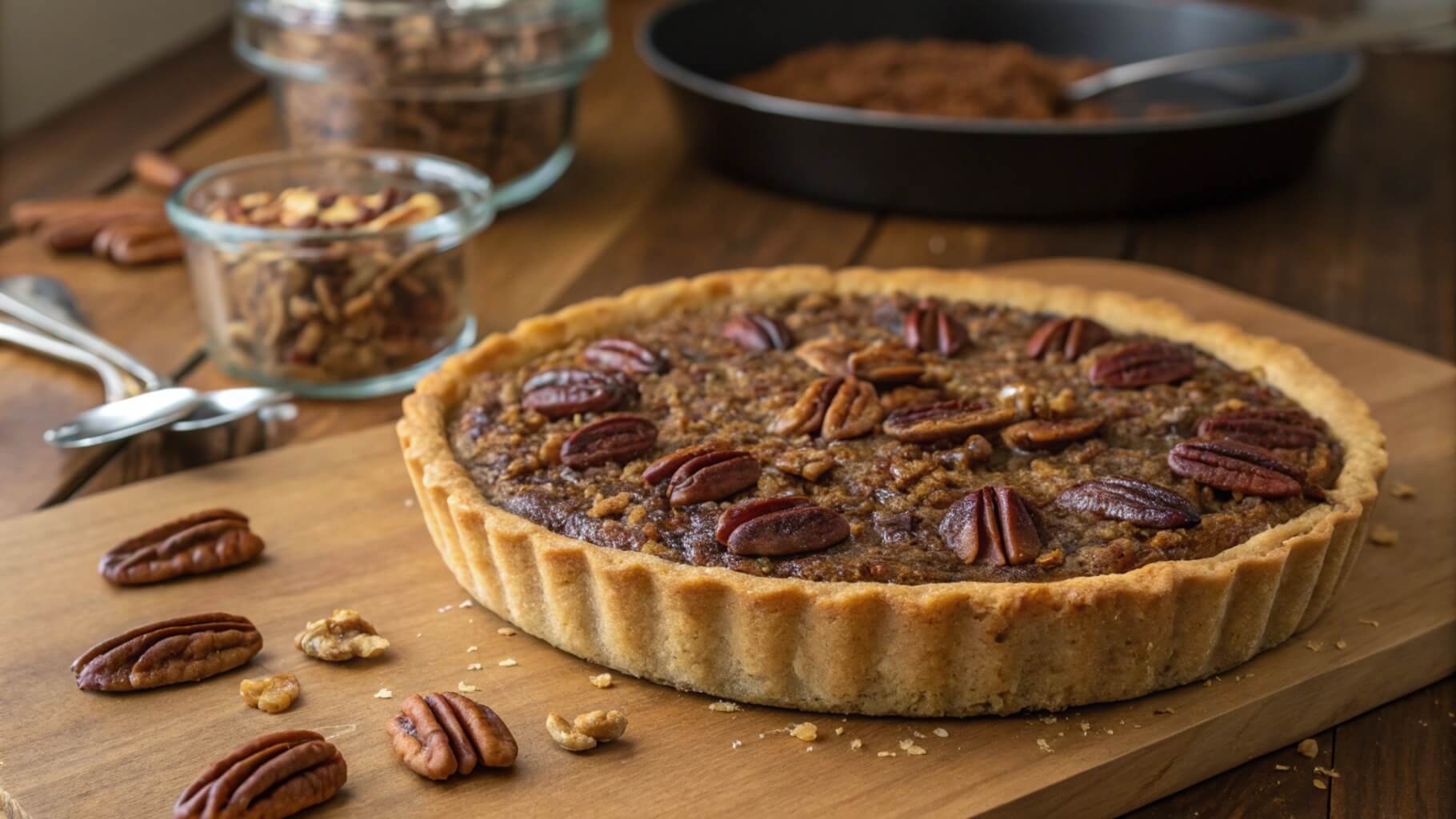 A freshly baked pecan pie with a golden crust, topped with whole pecan halves, sitting on a wooden table. A plate of candied pecans and utensils on a checkered napkin are visible in the background.