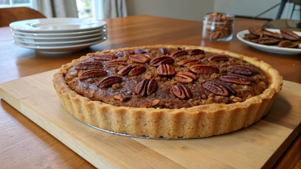 A freshly baked pecan pie with a golden crust, topped with whole pecan halves, sitting on a wooden table. A plate of candied pecans and utensils on a checkered napkin are visible in the background.