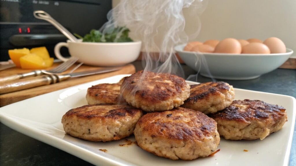 A close-up of golden-brown pan-fried sausage patties served on a white plate, with additional sides like cornbread and dipping sauce visible in the background.