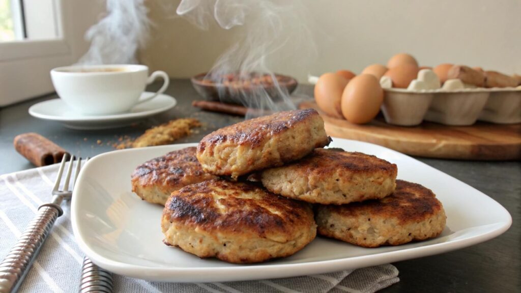 A close-up of golden-brown pan-fried sausage patties served on a white plate, with additional sides like cornbread and dipping sauce visible in the background.