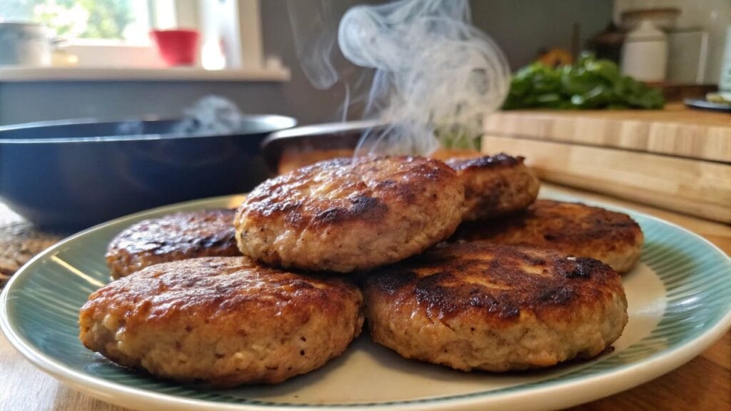 A close-up of golden-brown pan-fried sausage patties served on a white plate, with additional sides like cornbread and dipping sauce visible in the background.