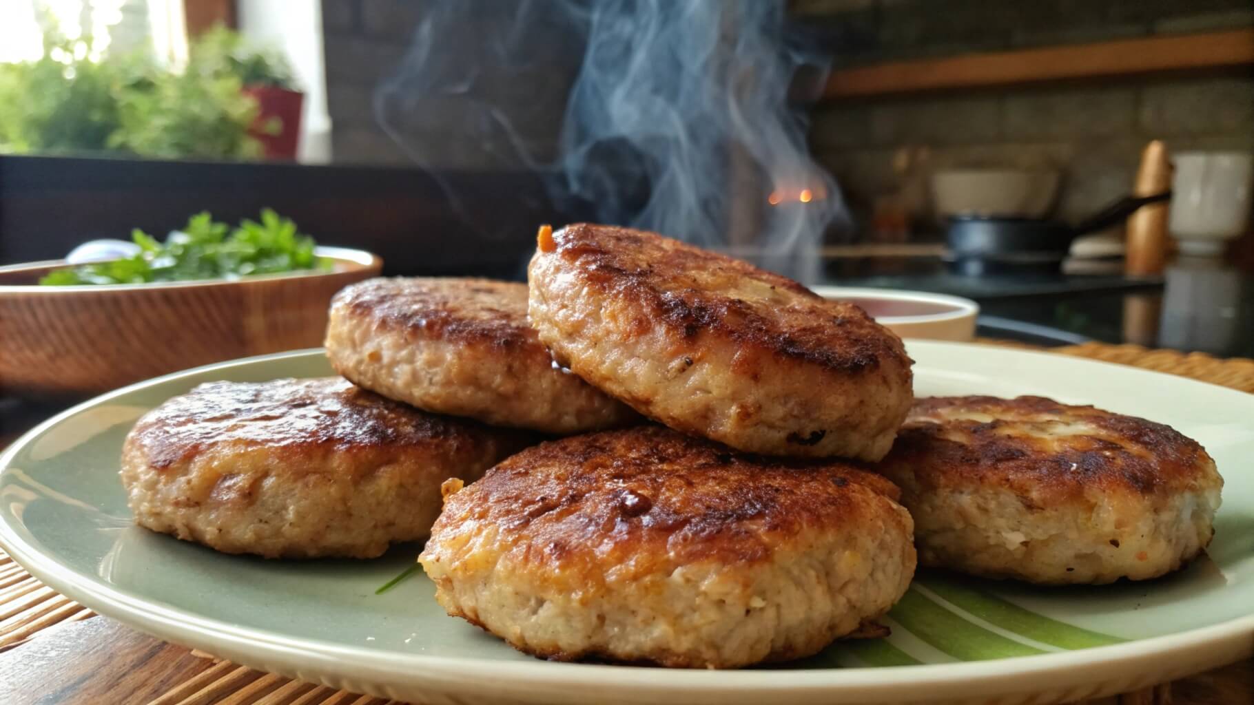 A close-up of golden-brown pan-fried sausage patties served on a white plate, with additional sides like cornbread and dipping sauce visible in the background.