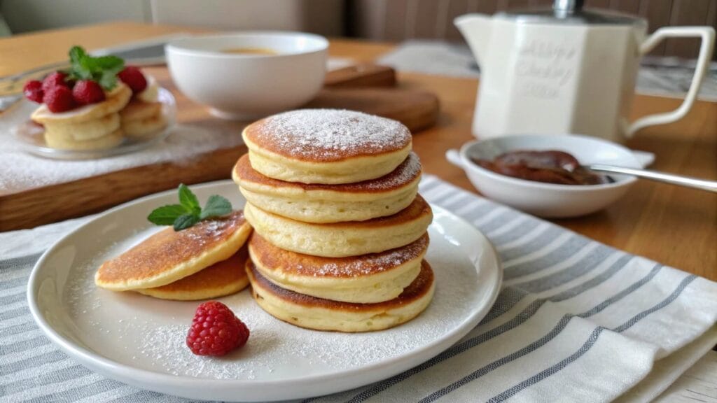 A stack of fluffy golden pancakes topped with butter and drizzled with maple syrup on a decorative plate, with a small bowl of blueberries in the background.