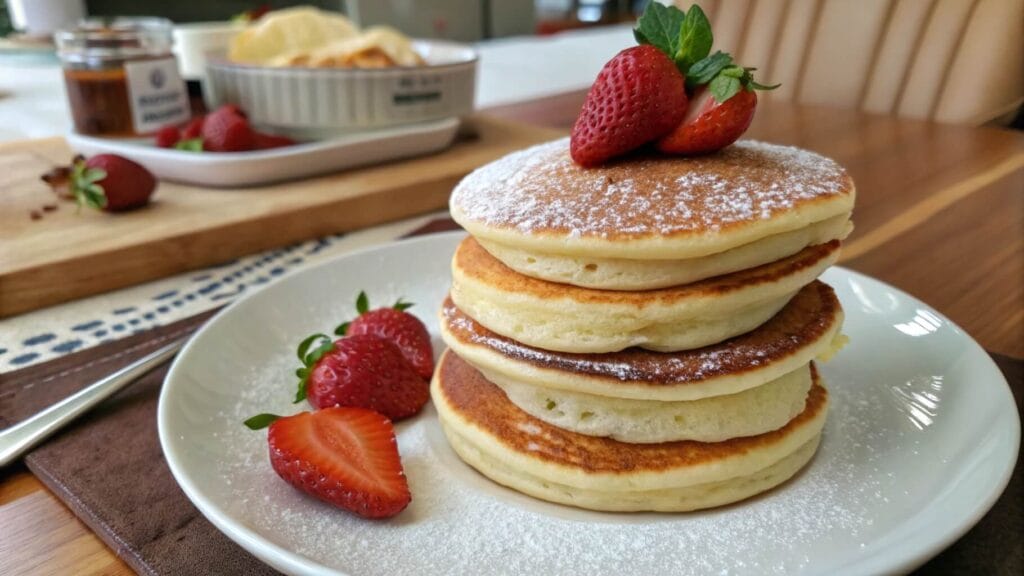 A stack of fluffy golden pancakes topped with butter and drizzled with maple syrup on a decorative plate, with a small bowl of blueberries in the background.