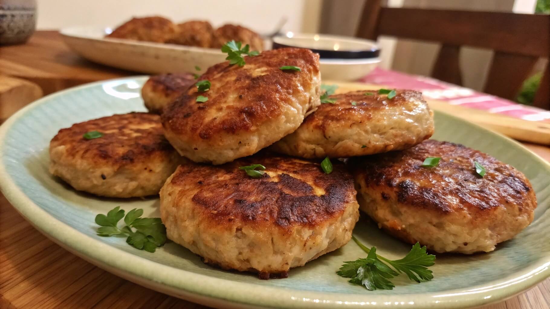 A plate of golden-brown, turkey sausage patties garnished with fresh parsley, set on a rustic wooden table with garlic, spices, and herbs in the background.