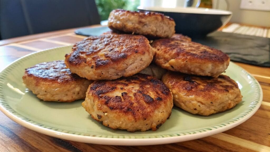 A plate of golden-brown, turkey sausage patties garnished with fresh parsley, set on a rustic wooden table with garlic, spices, and herbs in the background.