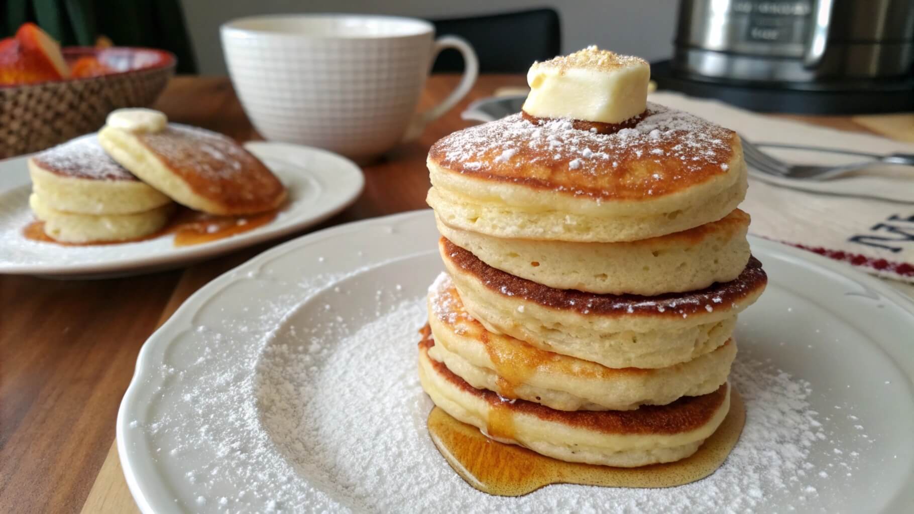 A stack of fluffy golden pancakes topped with butter and drizzled with maple syrup on a decorative plate, with a small bowl of blueberries in the background.