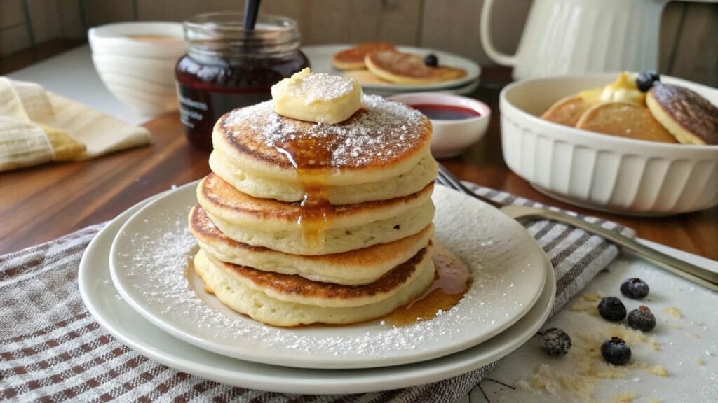 A stack of fluffy golden pancakes topped with butter and drizzled with maple syrup on a decorative plate, with a small bowl of blueberries in the background.