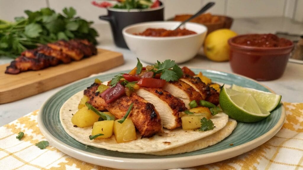 A close-up of a taco al pastor served on a light green plate, topped with marinated grilled pork, pineapple chunks, red onions, fresh cilantro, and lime wedges on the side.