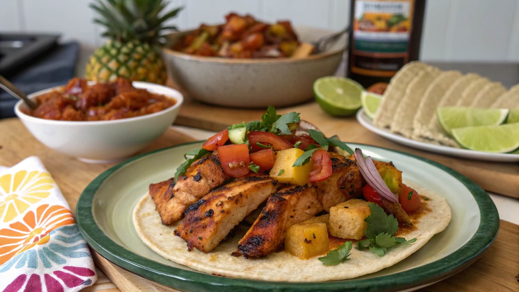 A close-up of a taco al pastor served on a light green plate, topped with marinated grilled pork, pineapple chunks, red onions, fresh cilantro, and lime wedges on the side.