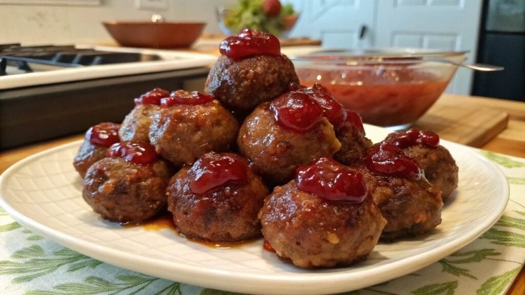 A plate of glazed meatballs stacked on a white dish, sitting on a red-and-white checkered cloth. The meatballs are coated in a rich, glossy brown sauce, with a serving dish of more meatballs in the background on a wooden table in a kitchen setting.