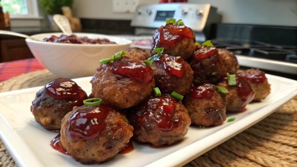 A plate of glazed meatballs stacked on a white dish, sitting on a red-and-white checkered cloth. The meatballs are coated in a rich, glossy brown sauce, with a serving dish of more meatballs in the background on a wooden table in a kitchen setting.