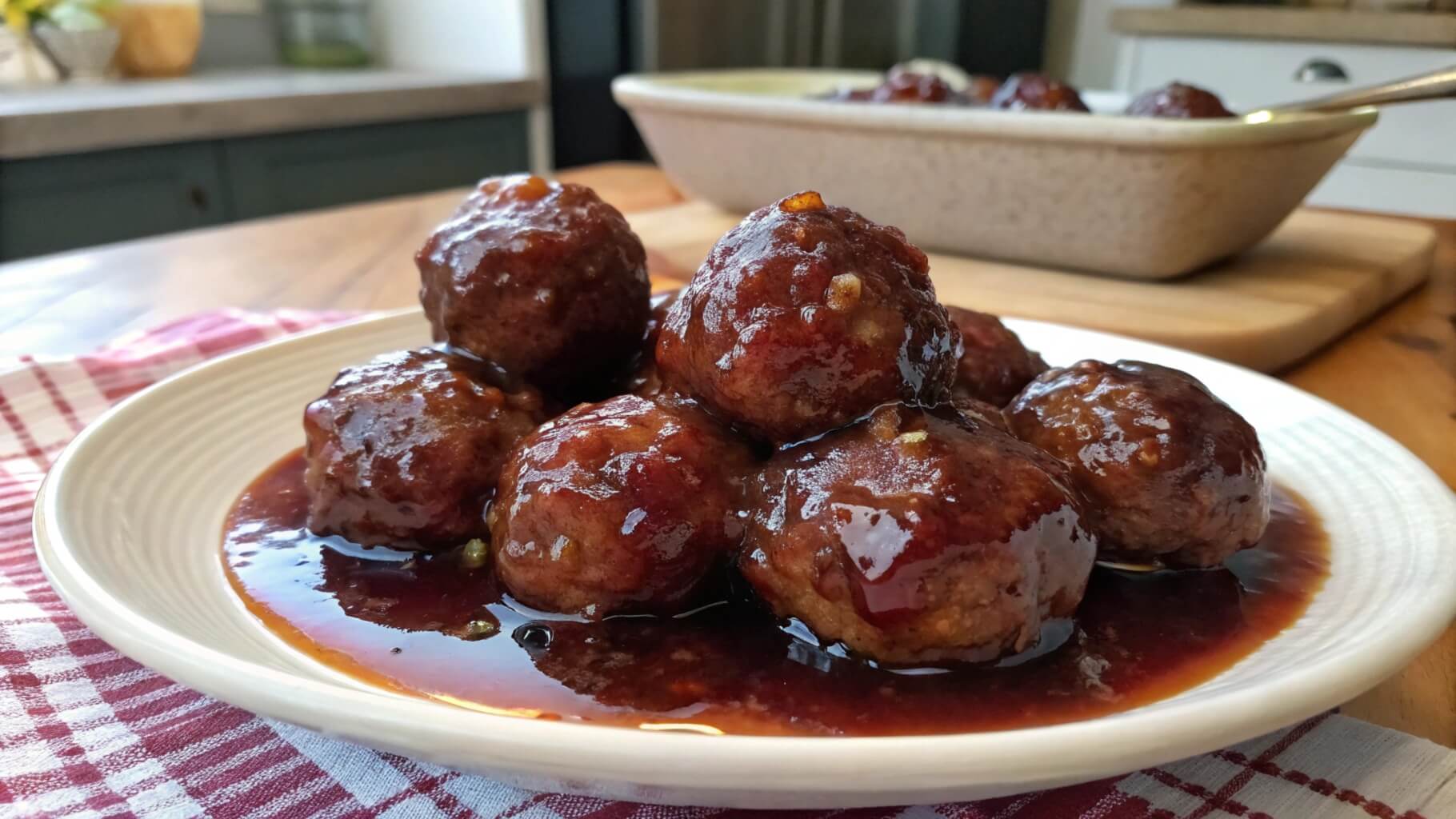 A plate of glazed meatballs stacked on a white dish, sitting on a red-and-white checkered cloth. The meatballs are coated in a rich, glossy brown sauce, with a serving dish of more meatballs in the background on a wooden table in a kitchen setting.