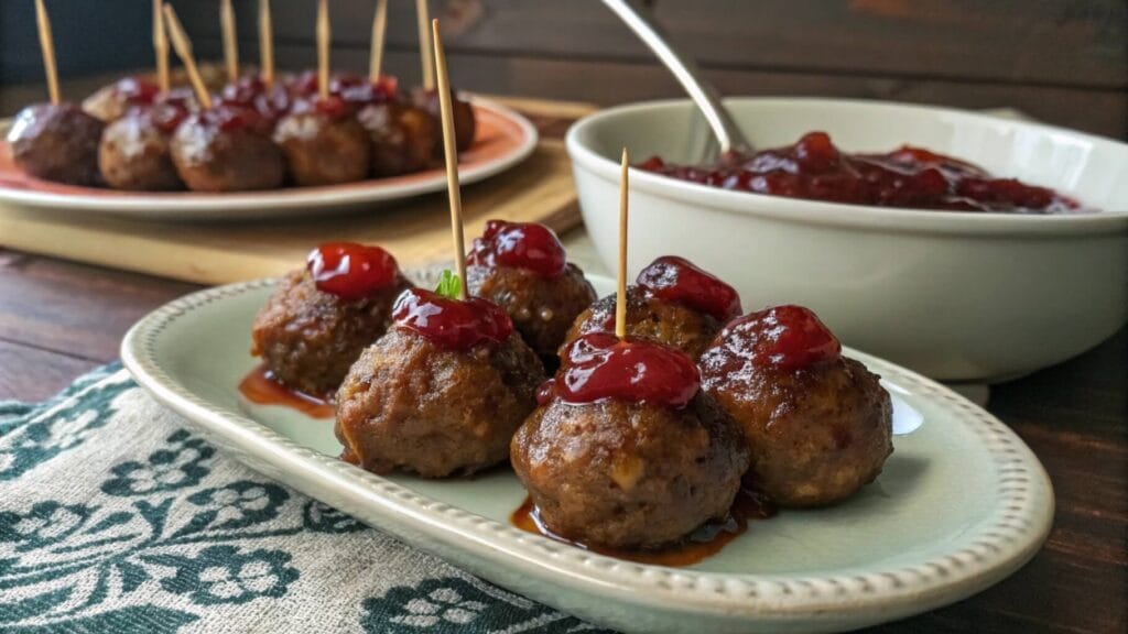 A plate of glazed meatballs stacked on a white dish, sitting on a red-and-white checkered cloth. The meatballs are coated in a rich, glossy brown sauce, with a serving dish of more meatballs in the background on a wooden table in a kitchen setting.