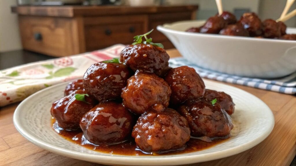 A plate of glazed meatballs stacked on a white dish, sitting on a red-and-white checkered cloth. The meatballs are coated in a rich, glossy brown sauce, with a serving dish of more meatballs in the background on a wooden table in a kitchen setting.