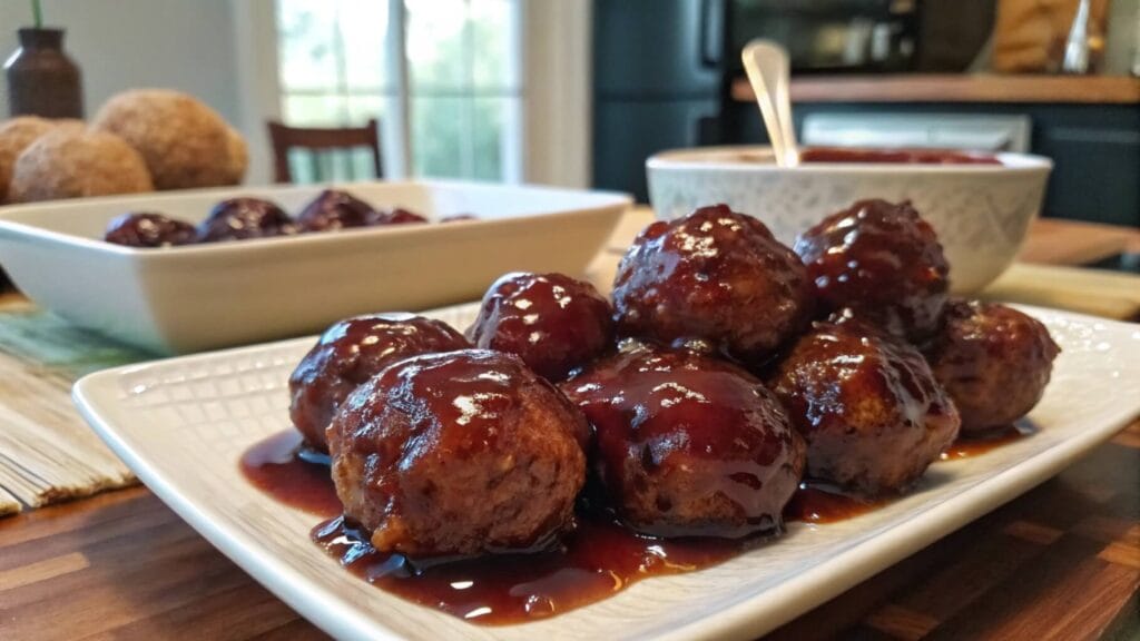 A plate of glazed meatballs stacked on a white dish, sitting on a red-and-white checkered cloth. The meatballs are coated in a rich, glossy brown sauce, with a serving dish of more meatballs in the background on a wooden table in a kitchen setting.