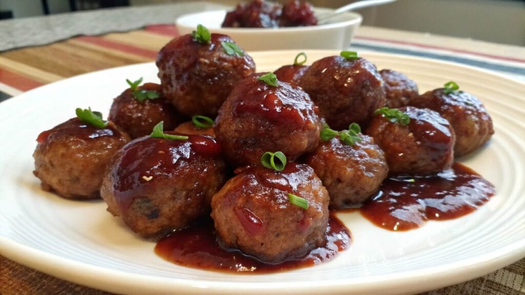 A plate of glazed meatballs stacked on a white dish, sitting on a red-and-white checkered cloth. The meatballs are coated in a rich, glossy brown sauce, with a serving dish of more meatballs in the background on a wooden table in a kitchen setting.