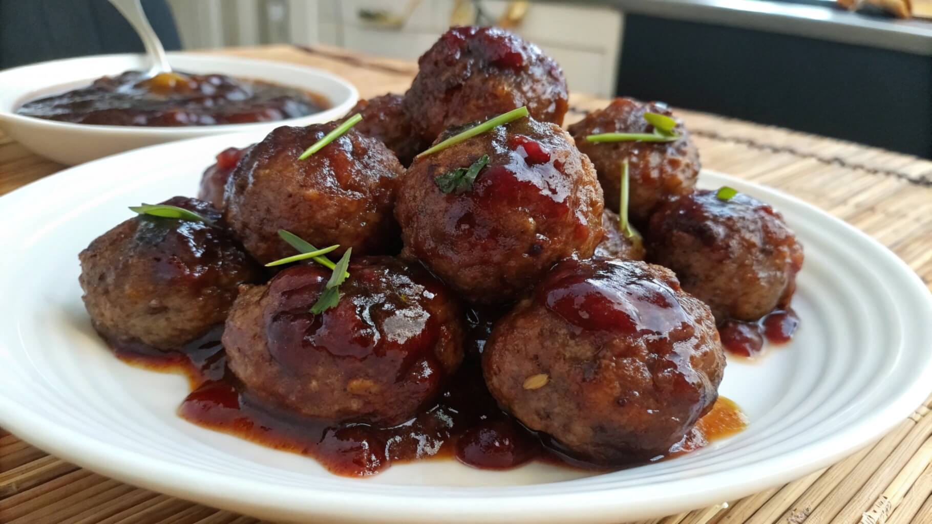 A plate of glazed meatballs stacked on a white dish, sitting on a red-and-white checkered cloth. The meatballs are coated in a rich, glossy brown sauce, with a serving dish of more meatballs in the background on a wooden table in a kitchen setting.