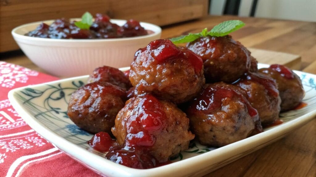 A plate of glazed meatballs stacked on a white dish, sitting on a red-and-white checkered cloth. The meatballs are coated in a rich, glossy brown sauce, with a serving dish of more meatballs in the background on a wooden table in a kitchen setting.