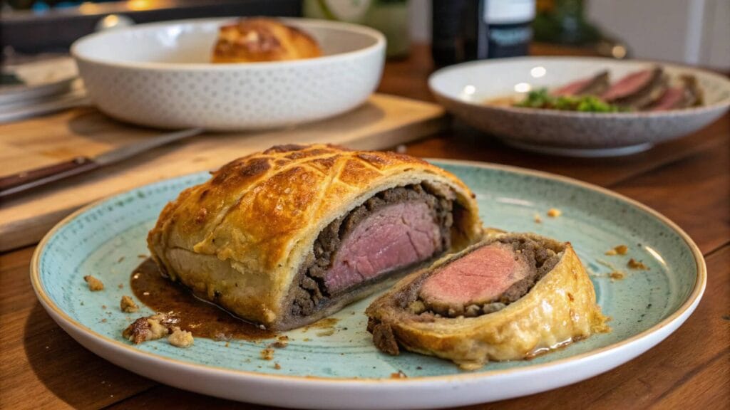 A close-up of a beautifully presented Beef Wellington slice on a white plate, served with green beans, rosemary garnish, and a rich brown sauce. A dish of mashed potatoes and another plate of Beef Wellington are visible in the background.